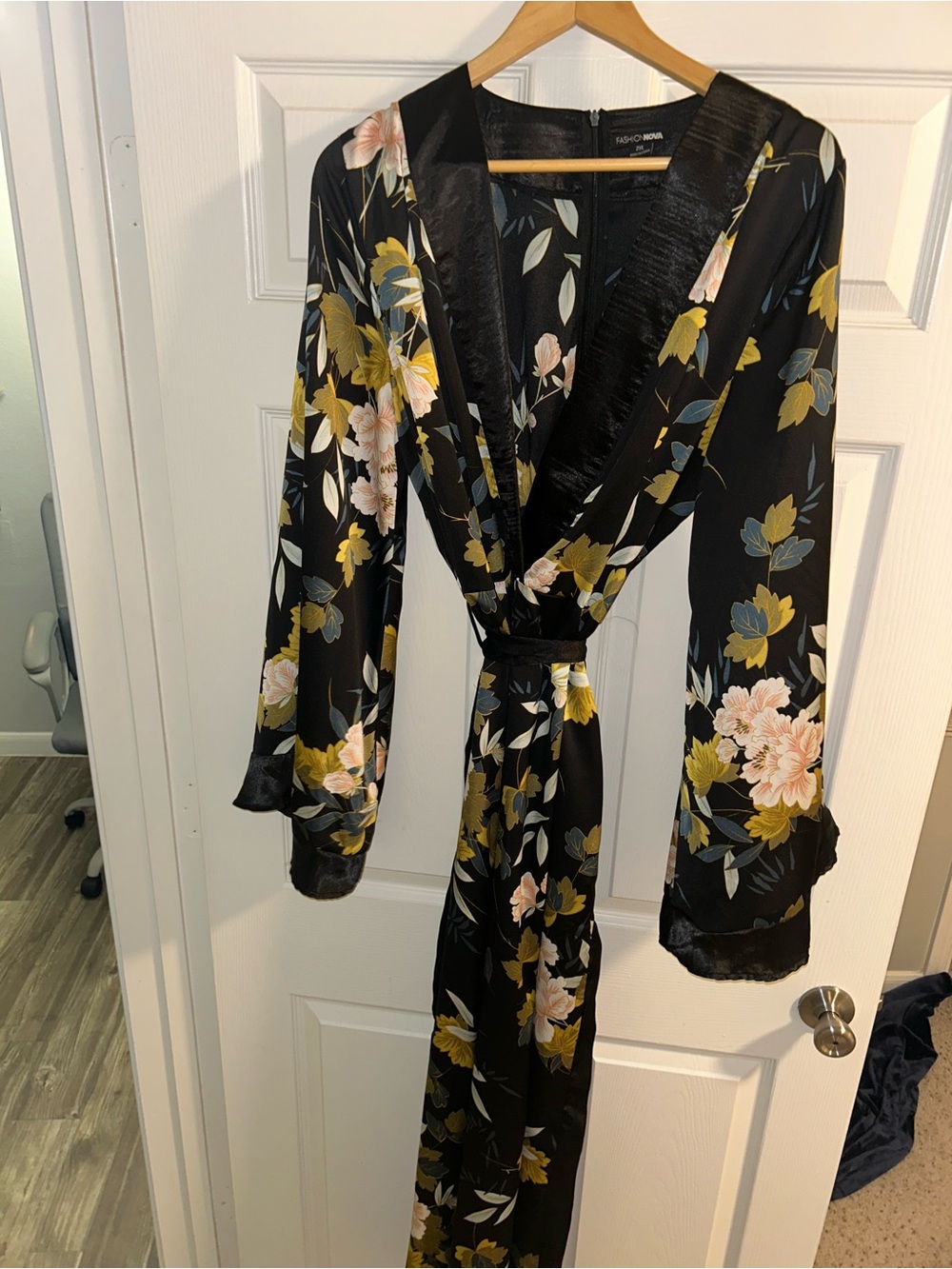 Fashion Nova Black Floral Satin belted romper.